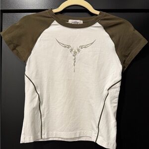 White & Olive Short Sleeve Graphic Raglan Tee